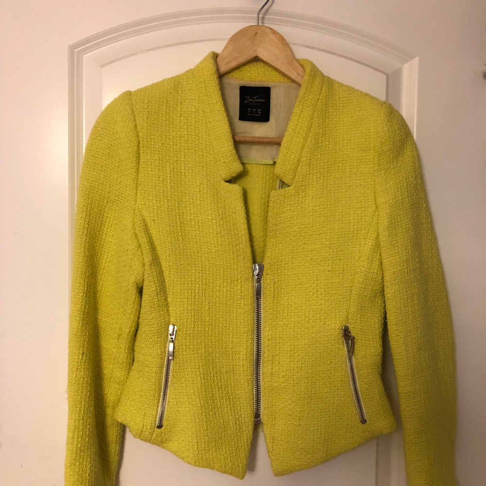 ZARA Neon Yellow Tweed S Fitted Jacket WORN ONCE